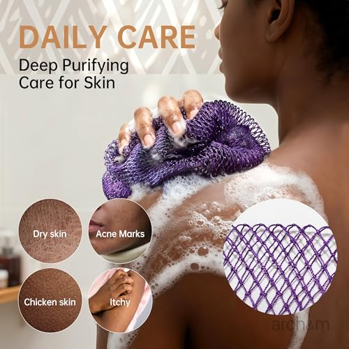 ARCH&M African Net Sponge Authentic with Knots, 2 Pack 53" Long | Exfoliating Back Scrubber, Quick-Dry Shower Mesh Loofah, Daily Use For Body & Face, Gentle for All Skin Types - color: Purple + Champagne
