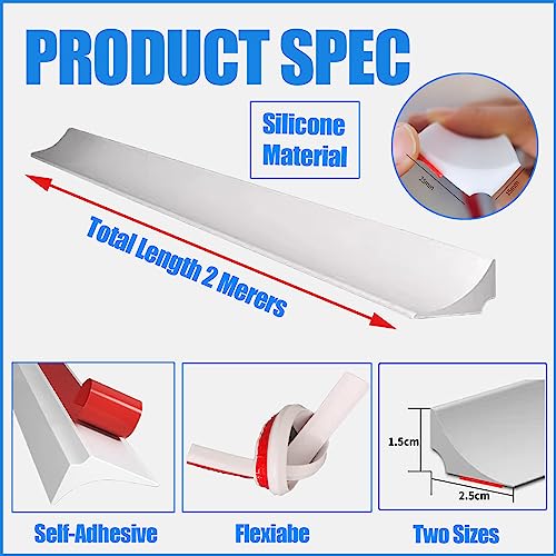 Water Barrier for Sink,Shower Threshold Water Dam Barrier,Waterproof Barrier Bathroom,Collapsible Silicone Strip Trim Splash Guard (White-2M) - size: White 2m