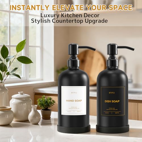 Kitchen Soap Dispenser Set – 16.8oz/500ml Glass Hand and Dish Soap Dispenser with Stainless Steel Pumps & Non-Slip Silicone Base, Luxury Countertop Decor for Home, Airbnb, Vacation Rental (Black) - color: Black & Black