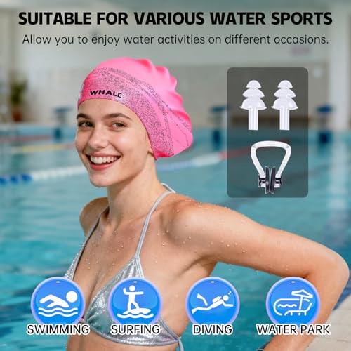 WHALE Extra Large Swim Cap Designed for Men and Women with Thick, Long Hair, Hair Extensions Or Afro-Textured Hair Long-Hair Swim Cap Highly Waterproof to Keep Hair Dry - color: Pink