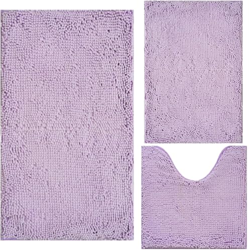 Bathroom Rugs Chenille 3-Piece Extra Soft and Absorbent Shag Bathroom Rugs, Machine Wash Mat, Strong PVC Non-Slip Underside, Plush Carpet Mats, Lavender - color: Lavender, size: 2'8" x 1'8" (16x24"+20x32"+20x20"U shape）