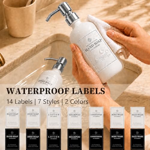 Fachixy White Glass Soap Dispenser (2 Pack), 16 Fl Oz Hand & Dish Soap Dispenser Bottles Set with Rust-Resistant Stainless Steel Pump, Non-Slip Pad, 14 Waterproof Labels for Kitchen and Bathroom - color: Off-white