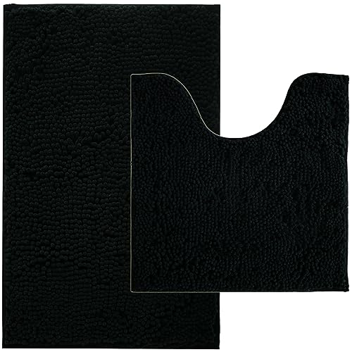 BOANKODU Bathroom Rug Sets, Absorbent Chenille Bath Rugs Non-Slip, 32x20 Inch + 20x20 Inch U Shape, Machine Washable (Black) - color: Black, size: 20" x 32" + 20" x 20" (U-Shape)