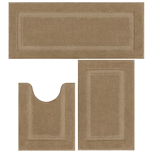 SHACOS Khaki Brown Bathroom Rugs Sets 3 Piece Bath Mat U Shaped Toilet Rug | 20x47+ 20x32+ 20x24, Soft Fluffy Microfiber Bath Rugs Set, Non Slip Washable Absorbent Bathroom Runner Floor Mats Shower Rug - color: Khaki Brown, size: 20"x32"+ 20"x47"+U Shape