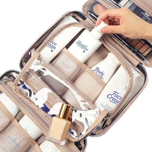 NISHEL Travel Toiletry Bag for women, Portable Hanging Organizer for Travel-Sized Shampoo, Conditioner, Brushes Set, makeup Accessories, Medium Size, Pink - color: Pink, size: Medium