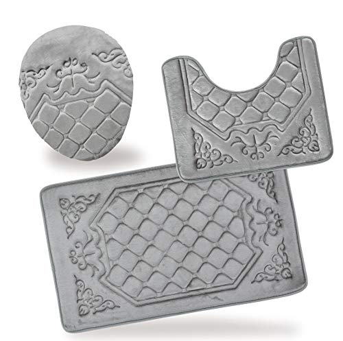 All American Collection 3PC Memory Foam Bath Mats Soft Plush Crown Design Anti-Slip Shower Bathroom Contour Toilet Lid Cover Rugs (Grey) - color: Grey
