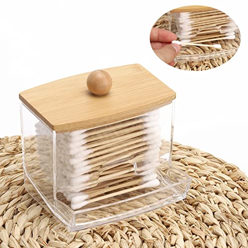 Tbestmax 2 Pack 10oz Qtip Holder Dispenser with Bamboo Lids, Big Clear Bathroom Organizer Accessories Decor for Storage-Qtips Cotton Ball Holder Apothecary Jars, Cotton Swabs, Floss Container - color: 2Pcs-Brown
