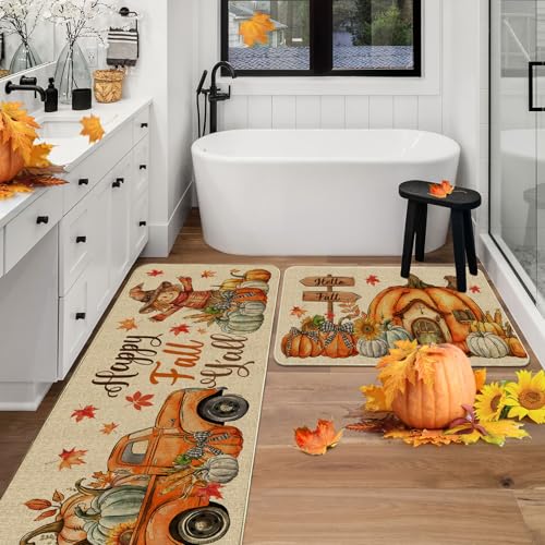 Fall Kitchen Mats, Farmhouse Truck Fall Kitchen Decor for Floor - Pumpkins House Kitchen Rugs Set of 2 - 17"x27"+17"x47"