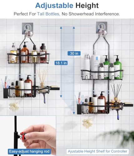 Upgraded Extended Length Shower Organizer with 16 Hooks, Rustproof Shampoo Soap Storage, Large Hanging Bathroom Caddy with Soap and Toothbrush Holder - color: Black with Toothbrush