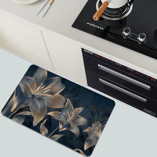 Diatomaceous Earth Bath Mat,Abstract Dark Flowers in Golden line Non-Slip Volume Super Absorbent Fast Drying for Bathroom Kitchen mat,Eco-Friendly Easy to Clean 16×24Inch (40 * 60cm) - color: Abstract Dark Art Flowers in Golden Line, size: 1'4" x 2'0" (Re