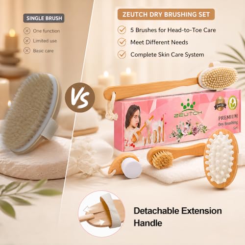Zeutch Premium Dry Brushing Body Brush Set for Lymphatic Drainage and Cellulite Treatment, Boar Bristle Long Handle Face Cleansing Brush for A Glowing Skin, 5 Pack
