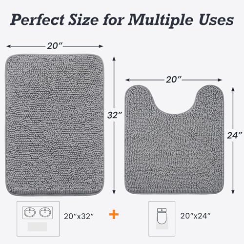 HUXMEYSON Bathroom Rugs Sets 2 Piece, Ultra Absorbent Chenille Non Slip Bathroom Mat Set - 20'' x 24'' U-Shaped Contour Toilet Rug & 20'' x 32'' Extra Soft Plush Bath Mat - Machine Washable, Grey - color: Grey, size: 32" x 20" + U Shape 24" x 20"