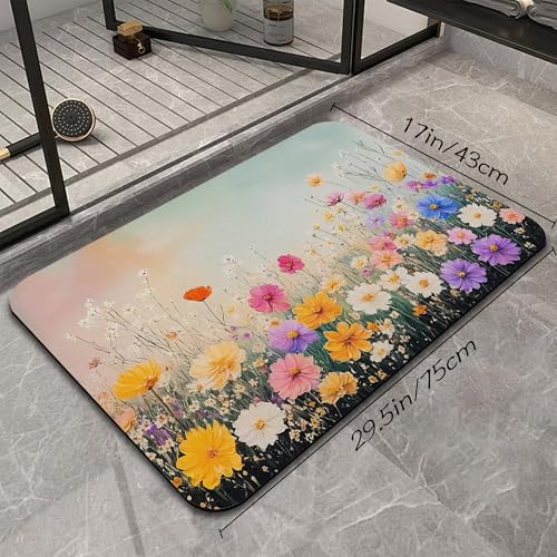 Colorful Flowers Bathroom Mat, Non Slip Rubber Backed Fast Dry Bath Rug, Thin Bath Mat for Bathroom Kitchen 17"x30" - color: Colorful Flowers