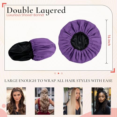 Extra Large Shower Cap for Women, Reusable Waterproof Shower Bonnet with Satin Lining, Double Layer Washable Bath Hair Cap for Braids, Locs, Long Thick Curly Hair, Natural Hair(Big Lavender) - color: Lavender