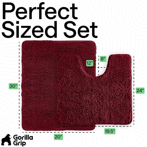 GORILLA GRIP Bathroom Rug Sets, Soft Chenille 2 Piece Area Rugs Set, Toilet Base Mat and 30x20 Carpet, Absorbent Microfiber Washable Mats Dry Quickly, Home Décor and Bath Room Accessories, Burgundy - color: Burgundy, style: 30"x20" + Oval 24"x19.5" - 2 Pa