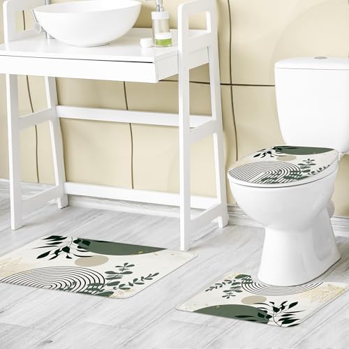 Riyidecor Boho Sage Green 4Pcs Shower Curtain Set with Toilet Lid Cover and Non-Slip Rugs, Mid Century Modern Minimalist Bathroom Decor Set，Abstract Contour and Bath Mat with 12 Hooks - color: 04sage Green