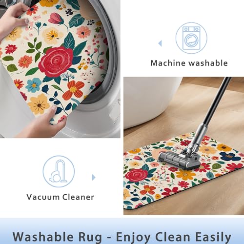 Vintage Red Flowers Bath Mat 29.5"x17", Slim Low-Profile Fast Drying Super Absorbent Bathroom Rug with Non-Slip Backing, Easy-Clean Modern Floor Mat for Tub, Shower, or Entryway - color: Vintage Red Flowers