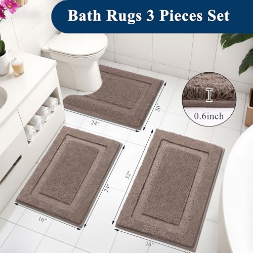 SHACOS Coffee Brown Bathroom Rugs Sets 3 Piece Bath Mat U Shaped Toilet Rug | 20x32+ 16x24+ 20x24, Soft Fluffy Microfiber Bath Rugs Set, Non Slip Washable Absorbent Bathroom Floor Mats Carpet Shower Rug - color: Coffee, size: 16"x24"+ 20"x32"+U Shape 20"x