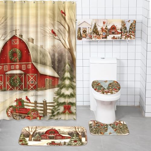 FuWeave 8 Pcs Christmas Shower Curtain Set Xmas Santa Bathroom Decoration Christmas Tree Hand Towels Snowman Toilet Lid Cover Bathroom Rugs Xmas Shower Curtain with Hooks(Farmhouse Style) - color: Farmhouse
