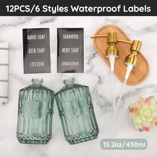 Segbeauty 15.2oz Glass Shampoo and Conditioner Dispenser with Label Stickers, 2pcs Green Glass Soap Dispensers with Stainless Steel Pump, 450ml Lotion Pump Bottle Liquid Containers for Cream Body Wash - color: Green Gold, size: 15.2oz/450ml