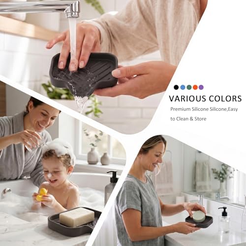 MicoYang Silicone Soap Dish with Drain Spout, Self-Draining Sink Organizer Tray for Bathroom and Kitchen, Sponges, Dispensers and Soap Holder, Non-Slip and Dishwasher Safe, Coffee (Compact, 4.9"×3.2") - color: Coffee, size: S(4.9"×3.2")