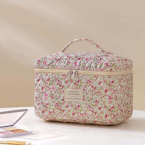 HBselect Quilted Makeup Bag, 3PCS Cotton Large Travel Makeup Bag, Cute Floral Coquette Make up Bag Cosmetic Bag Toiletry Bag for Women Girls - color: A-3PCS-Floral 19