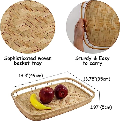 PEMAR Extra Large Bamboo Serving Trays with Handles, Set of 2 Measuring 19.3" x 13.8" Large Woven Dinner Tray, Rustic Wicker Rattan Tray Style for Eating, Bed Breakfast, Couch TV Lap Tray - size: 19.3" x 13.8" x 2"
