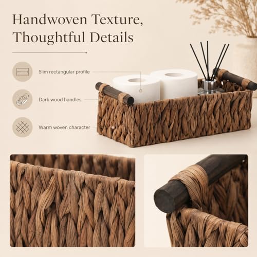 Water Hyacinth Toilet Tank Basket – Wicker Toilet Paper Storage Basket for Back of Toilet, Bathroom Counter Organizer with Wooden Handles, Brown - color: Brown