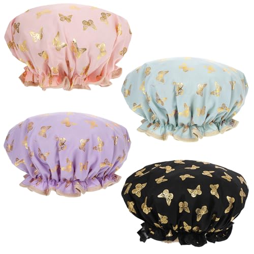 Yuanchu 4 Pcs Waterproof Shower Caps for Women, Elastic Band Bath Caps Reusable Shower Hat Double Layer Shampoo Cap for Washing Hair Bathing SPA Makeup Cooking