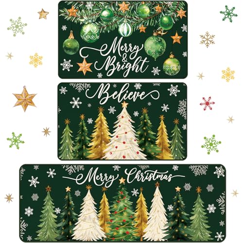 Drydiet 3 Pcs Green Christmas Kitchen Rug and Mat Set Xmas Tree Snowflakes Kitchen Floor Mat Waterproof Non Slip Farmhouse Merry Christmas Doormat Holiday Xmas Decor for Home Office Bathroom Decor - color: Green, style: Christmas Tree