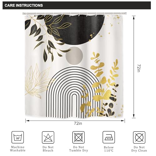 Riyidecor Boho Black Gold 4Pcs Shower Curtain Set with Toilet Lid Cover and Non-Slip Rugs, Mid Century Modern Minimalist Bathroom Decor Set，Abstract Contour and Bath Mat with 12 Hooks - color: 03black Gold