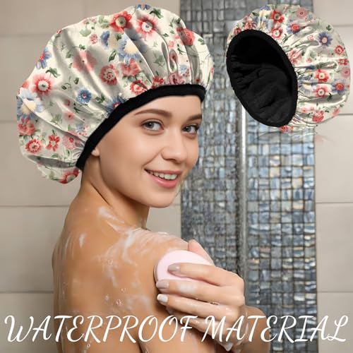 Luxury Shower Cap Terry Cloth Lined EVA Waterproof Reusable Triple Layer Elastic Hair Bath Caps for Women Girls Cute (C12-Pink Blue Floral) - color: C12-Pink Blue Floral