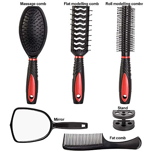 Set of 5 Hair Combs Set Professional Salon Hair Cutting Brushes Sets Salon Hairdressing Styling Tool Mirror And Holder Stand Set Dressing Comb Kits for - color: Red
