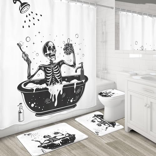 4PCS Funny Skull Skeleton Halloween 71Wx71H Inches Gothic Black White Shower Curtain Sets with Rugs, Toilet Lid Cover and Bath Mat, Spooky Bath Accessories Art Home Decor Fabric 12 Pack Hooks - color: A5-skull
