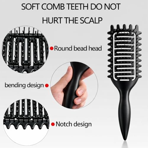 Curl Defining Brush for Curly Hair, Vented Detangling Hair Brush for Wet and Dry Styling, Curved Brush for Shaping and Smoothing Curl Clumps, Lightweight Hair Brush （Black） - color: Solid black