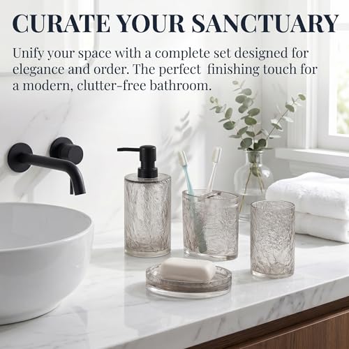 RQYIXI 4 PCS Resin Bathroom Accessories Set,Silver-Grey,Minimalist Luxury | Modern Elegance Shatterproof Bathroomset includes:Soap Dispenser, Toothbrush Holder, Tumbler, Soap Dish - size: 4pcs