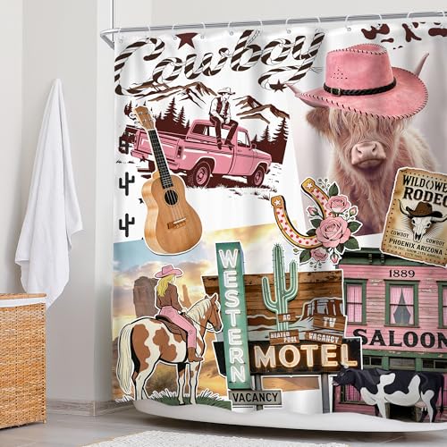Newsely Western Cow Shower Curtain 60Wx72H Inch Cowgirl Farmhouse Boho Highland Cow Print Bathroom Set Cowboy Pink Rustic Animal Country Wildlife Nature Waterproof Decoration Accessories Home Decor - color: B-02cow, size: 60"W x 72"L (Pack of 1)