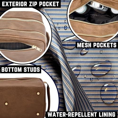 Toiletries bag for men, Premium PU Leather Travel Kit, Metal Zippers & Bottom Studs, Velvet Dust Bag & Shape-Retention Packaging – Gift Ready For Groomsmen, Anniversary, Birthday Gifts / BROWN - color: BROWN