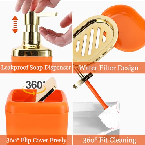XLHOMO Orange Bathroom Accessories, Bathroom Sets with Stripe Shower Curtain, Orange and Gold Bathroom Accessories Set with Trash Can, Soap Dispenser, Soap Dish, Qtip Holders for Bathroom - color: Stripe Orange & Gold, size: Complete Set