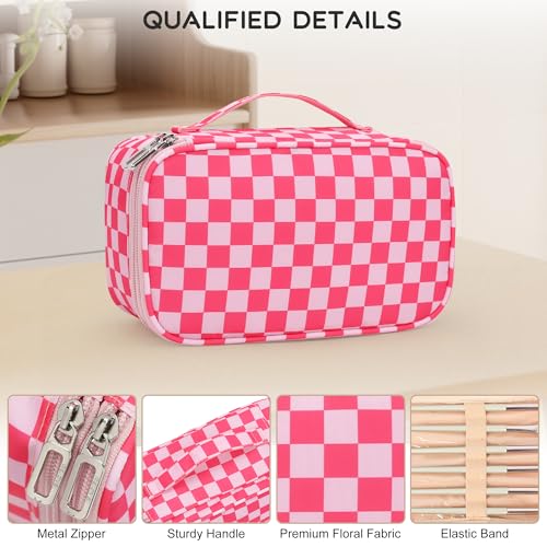 Relavel Makeup Bag, Cute Travel Cosmetic Bag, Small Pink Make Up Bags, Portable Toiletry Storage for Women Girl, Waterproof Makeup Organizer for Gym, Camping, Trip, Daily Use - Rose Red - color: 01A-Hot Pink CheckBoard, size: MEDIUM