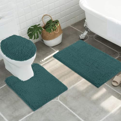 ITSOFT 3pc Non-Slip Shaggy Chenille Bathroom Mat Set, Includes 24"x21" U-Shaped Contour Toilet Rug, 34"x21" Inches Bathmat and 1 Toilet Lid Cover, Teal - color: Teal, size: 24''x21’’, 34’’x21’’ and TLC (Set)