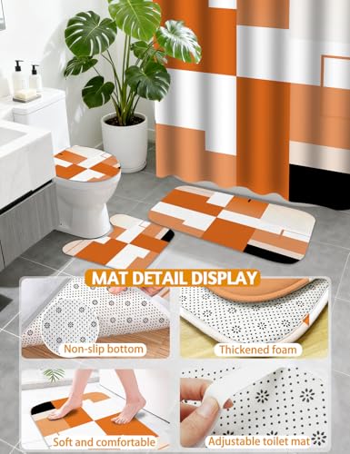 Lnond Orange Bathroom Set, 22-Piece Orange Abstract Bathroom Decor Set with with Shower Curtain and Rugs, Trash Can, Toilet Brush Holder Set & Soap Dispenser - style: Orange White Geometric