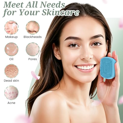Silicone Back/Body/Face Scrubber & Lymphatic Contour Face Brush Set 4PCS, 13.4'' Soft Back Scrubber, 360° Anti-Slip Bath Glove, Unique Side-bristled Face Scrubber for All-Round Cleaning(Blue) - color: Blue*4