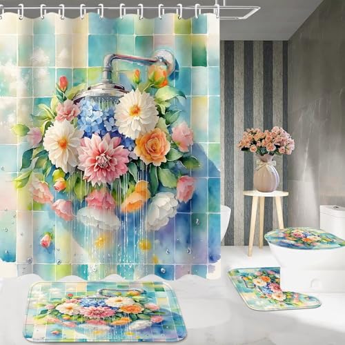 DDQQ 4Pcs Colorful Floral Shower Curtain Set Modern Showerhead Bathroom Sets with Rugs Spring Flower Shower Curtain Set Brightly Bathroom Rugs Set Bathroom Decor Toilet Lid Cover 12 Hooks - color: Colorful