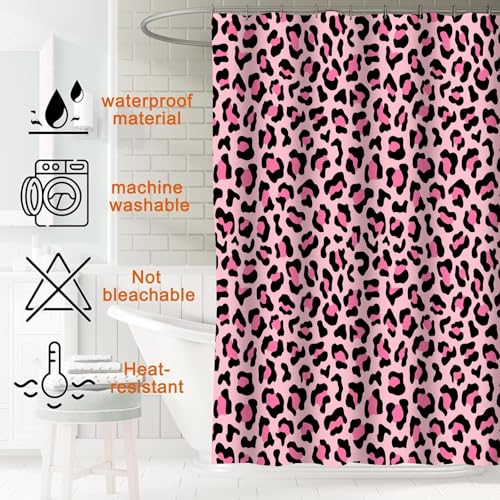 4 PCS Leopard Shower Curtain Cheetah Print Shower Curtain Sets Non Slip Bathroom Rugs Soft Plush Bath Mat Toilet Lid Cover Animal Print Shower Curtains with 12 Hooks for Bathroom Tub, Pink - color: Pink