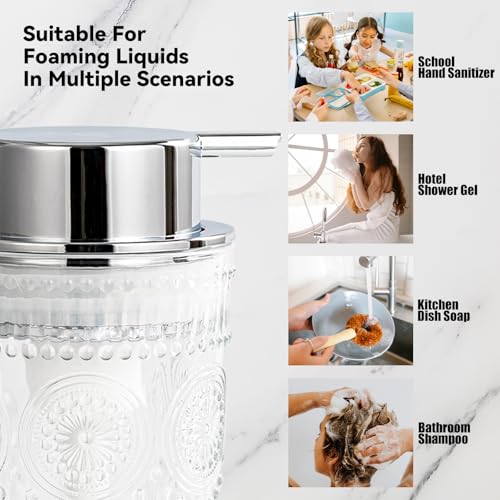 Glass Foam Soap Dispenser, 7 Oz Face Wash Dispenser for Bathroom, Vintage Glass Clear Foaming Hand Soap Dispenser, Small Refillable Lotion Dish Dispenser for Kitchen - color: Silvery-7 Oz