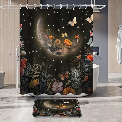 LQCOOL Shower Curtain Set 4 Pcs Black Moon Bathroom Sets with Shower Curtain and Rugs Bathroom Decor Set with 12 Hooks - color: Black Moon