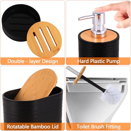 Bathroom Accessory Set,10 PCS Black Bathroom Accessories Set with Trash Can, Toothbrush Holder, Soap Dispenser, Toothbrush Cup, Vanity Tray, Soap Dish, Toilet Brush, Qtip Holders - color: Black