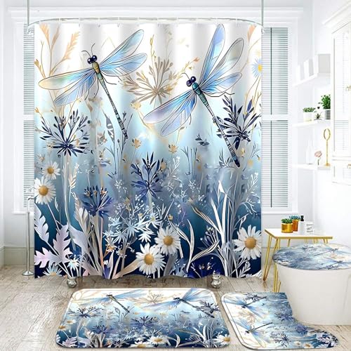 DDQQ 4Pcs Blue Flower Dragonfly Shower Curtain Set with Rugs, Floral Plant Neutral Bathroom Decor Set Waterproof Bathtub with Carpet Bath Mat Toilet - color: Blue