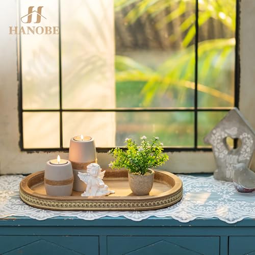 Hanobe Decorative Trays for Coffee Table : Vintage Oval Centerpiece Tray Wood for Farmhouse Dining Table Decor Round Bathroom Tray for Living Room Kitchen Counter - color: Oval Brown